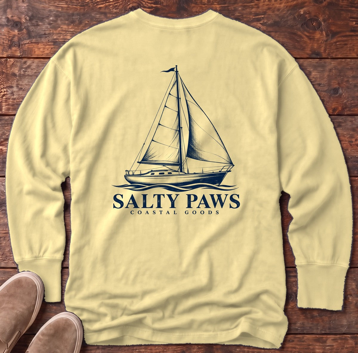 Sailboat Coastal Goods Back Design Long Sleeve Tee in Butter, Salty Paws Comfort Colors Long Sleeve Tee, back design flat lay