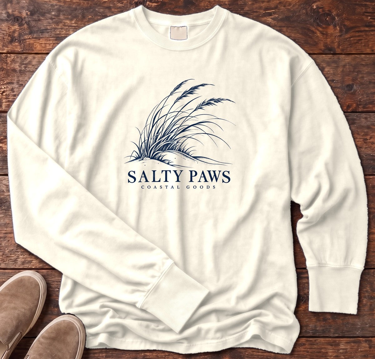 Salty Paws Dune Grass Long Sleeve Tee in Ivory, Salty Paws Comfort Colors Long Sleeve Tee, front design flat lay