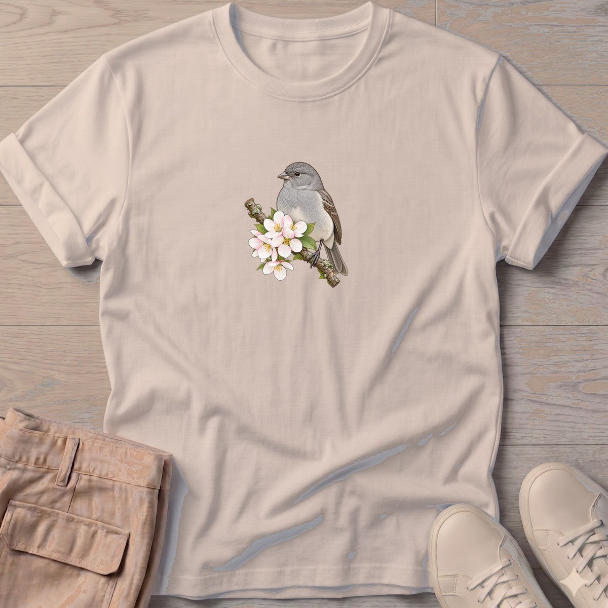 Gray Bird Blossom T-Shirt in Sand