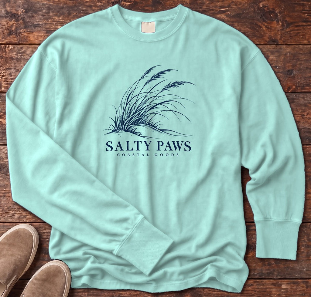 Salty Paws Dune Grass Long Sleeve Tee in Chalky Mint, Salty Paws Comfort Colors Long Sleeve Tee, front design flat lay