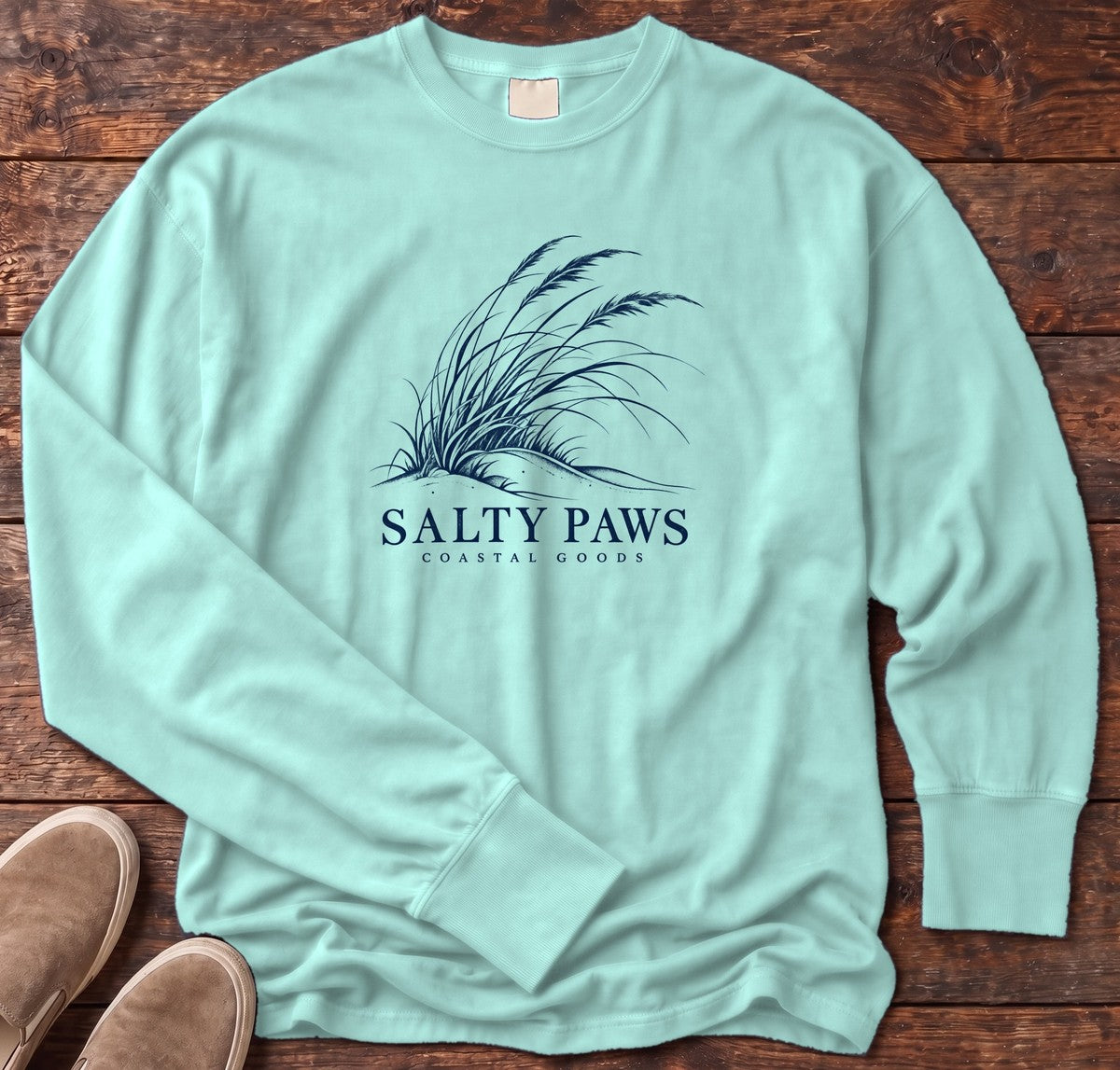 Salty Paws Dune Grass Long Sleeve Tee in Chalky Mint, Salty Paws Comfort Colors Long Sleeve Tee, front design flat lay