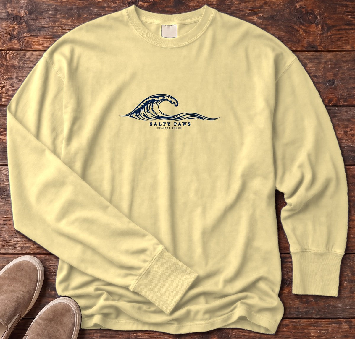 Salty Paws Coastal Wave Long Sleeve Tee in Butter, Salty Paws Comfort Colors Long Sleeve Tee, front design flat lay