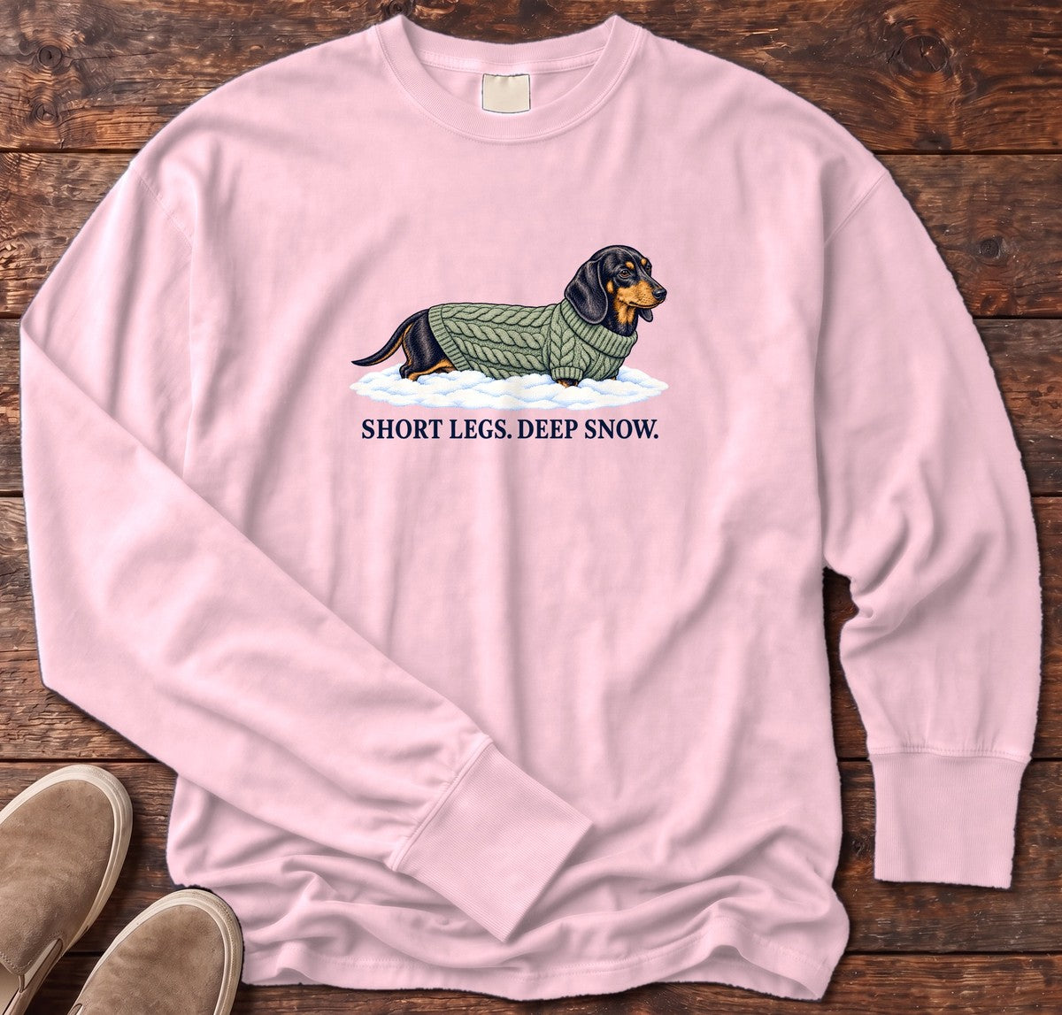 Short Legs Deep Snow Dachshund Long Sleeve Tee in Blossom, Salty Paws Comfort Colors Long Sleeve Tee, front design flat lay