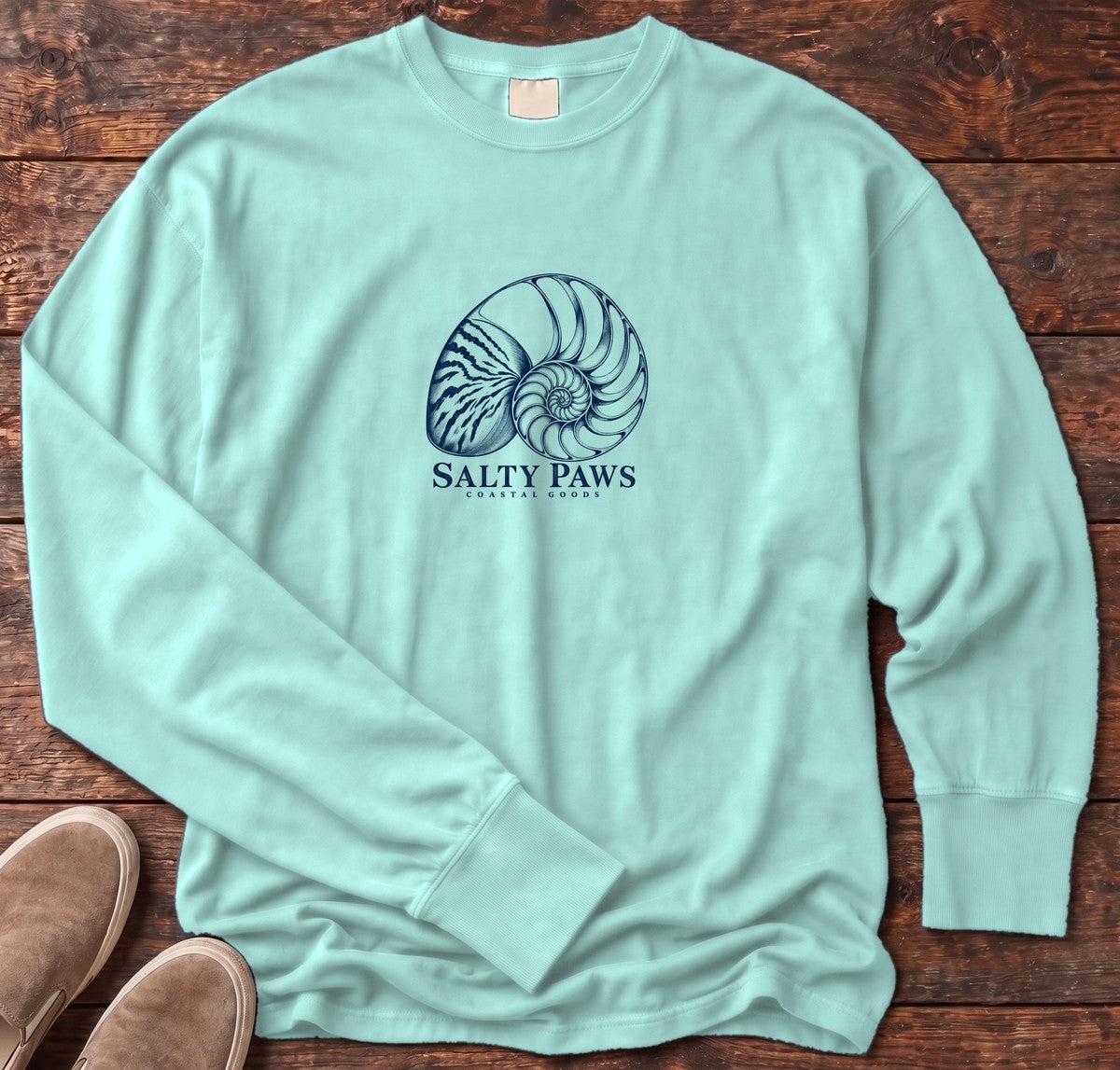 Nautilus Shell Long Sleeve Tee in Chalky Mint, Salty Paws Comfort Colors Long Sleeve Tee, front design flat lay