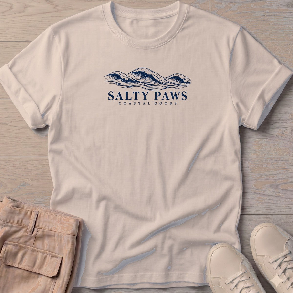 Salty Paws Coastal Swell T-Shirt in Sand, Salty Paws T-Shirt, front design flat lay