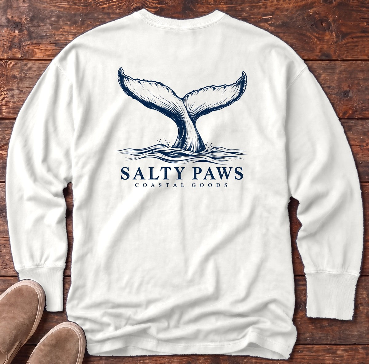 Humpback Tail Coastal Goods Back Design Long Sleeve Tee in White, Salty Paws Comfort Colors Long Sleeve Tee, back design flat lay