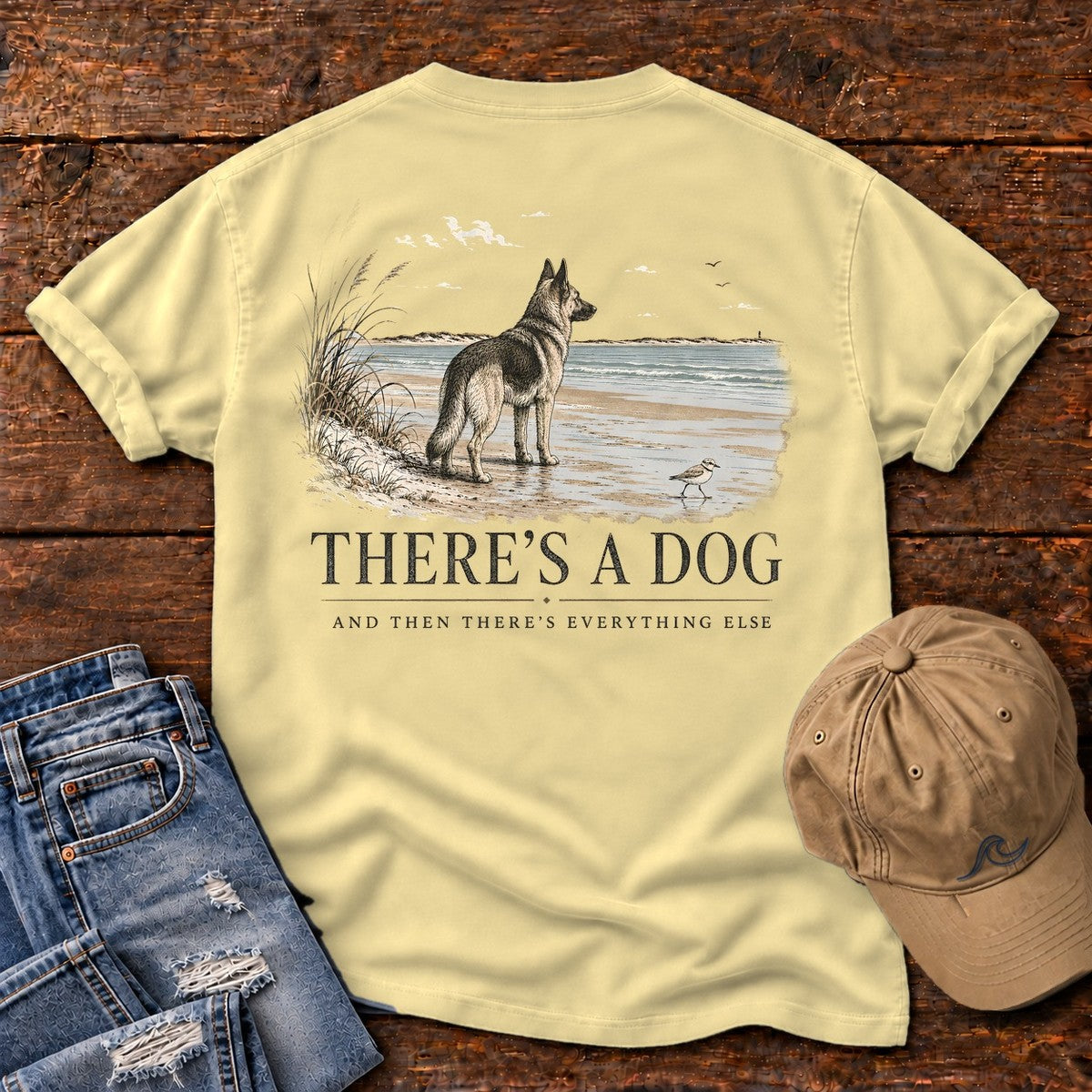There's a Dog Shepherd Comfort Colors T-Shirt in Butter, back design flat lay