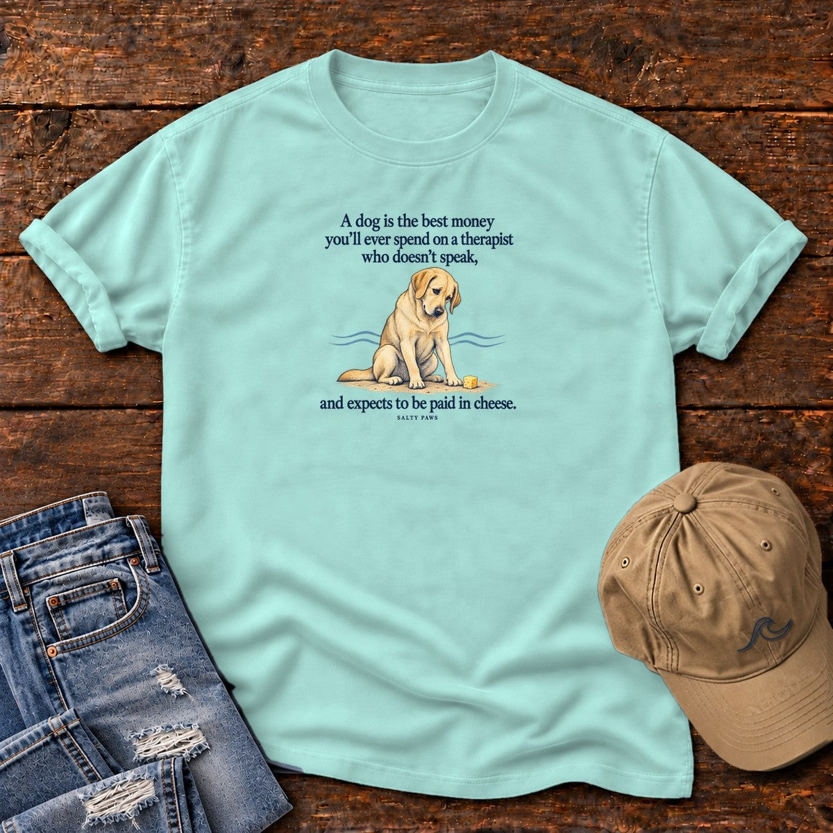 Paid in Cheese Yellow Lab T-Shirt in Chalky Mint, Salty Paws Comfort Colors T-Shirt, front design flat lay