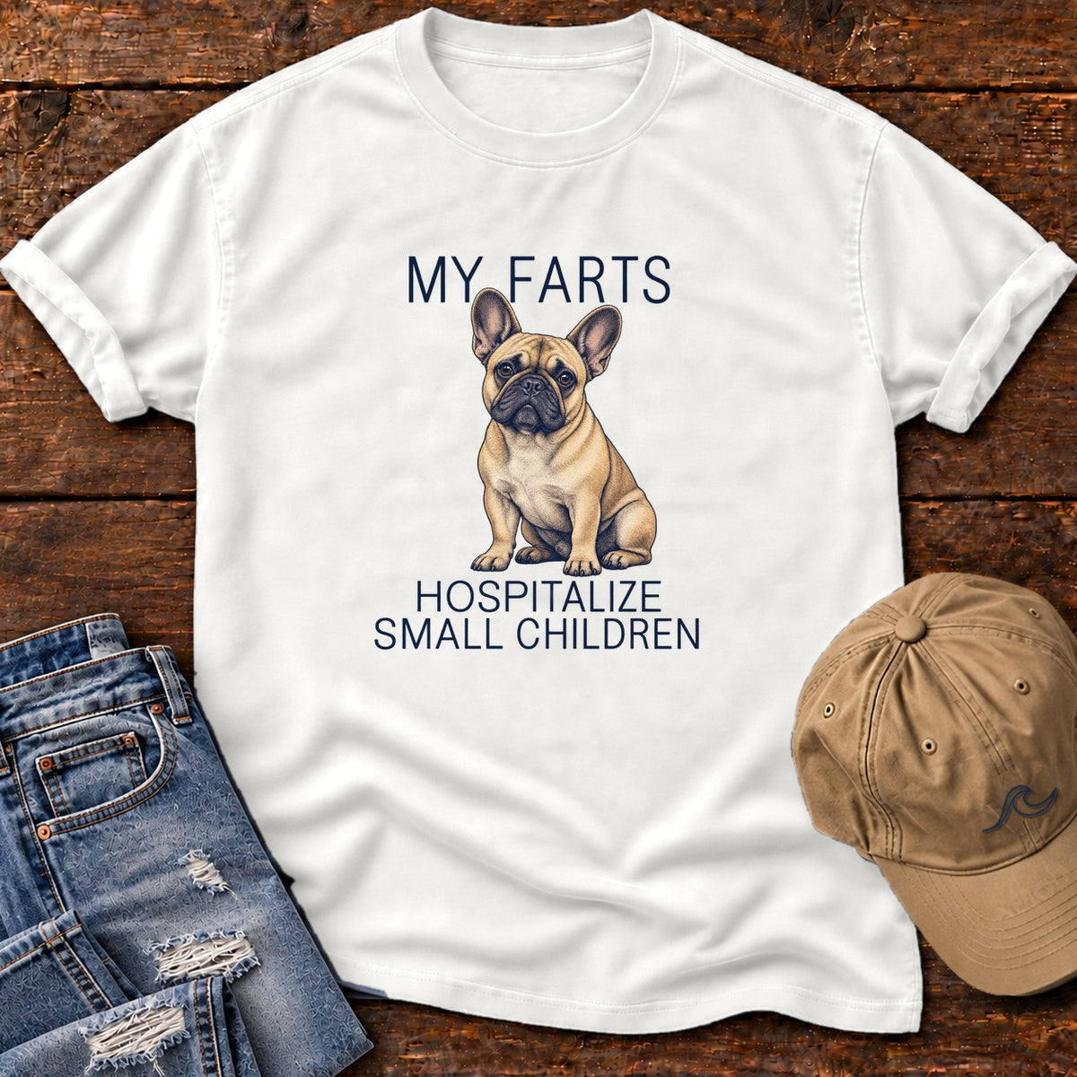 My Farts Hospitalize Small Children Frenchie T-Shirt in White, Salty Paws Comfort Colors T-Shirt, front design flat lay