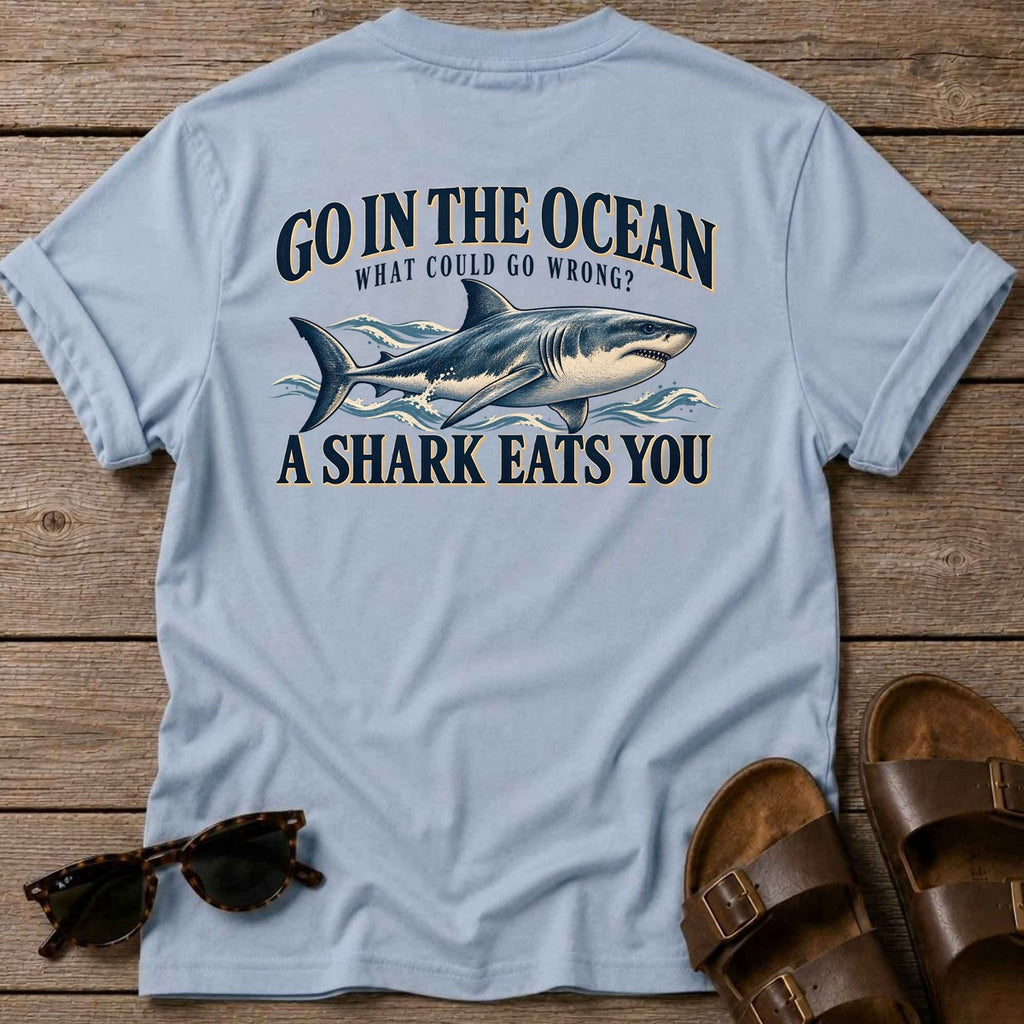 Go in the Ocean Shark Back Design T-Shirt in Light Blue, Salty Paws T-Shirt, back design flat lay