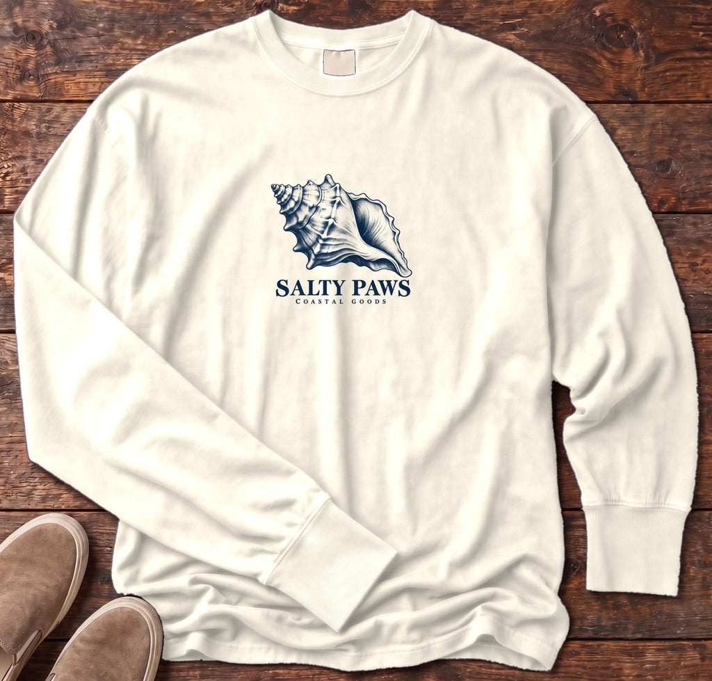 Conch Shell Long Sleeve Tee in Ivory, Salty Paws Comfort Colors Long Sleeve Tee, front design flat lay