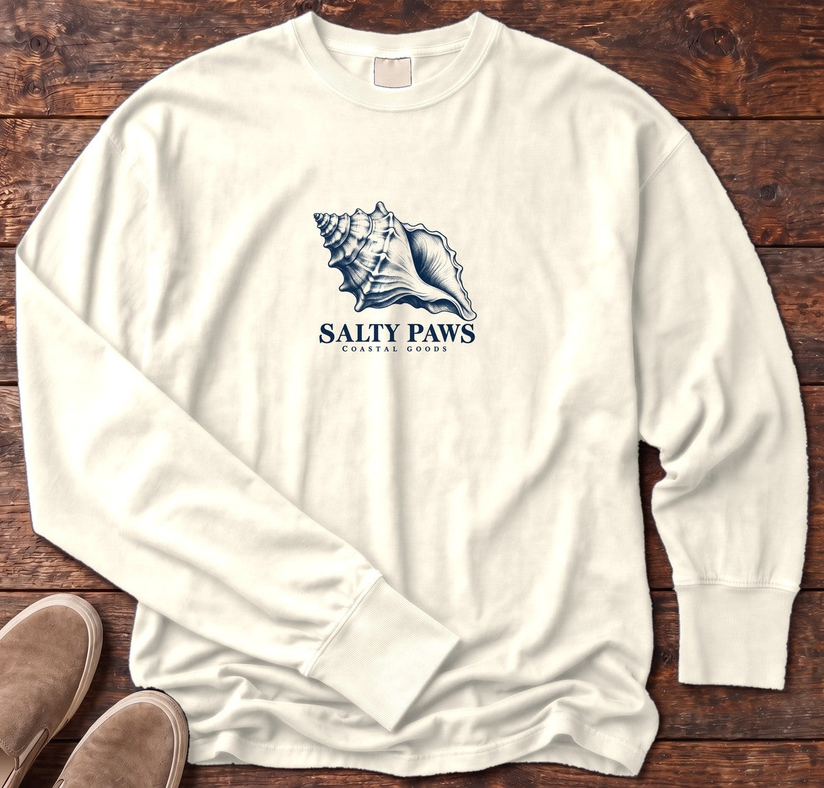 Conch Shell Long Sleeve Tee in Ivory, Salty Paws Comfort Colors Long Sleeve Tee, front design flat lay