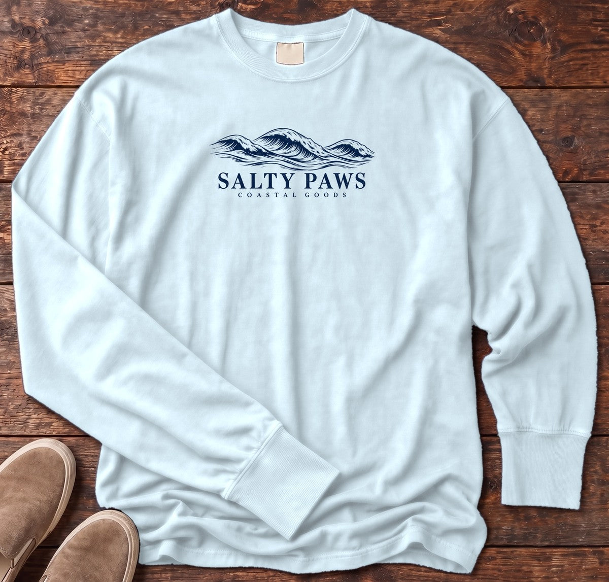 Salty Paws Coastal Swell Long Sleeve Tee in Chambray, Salty Paws Comfort Colors Long Sleeve Tee, front design flat lay