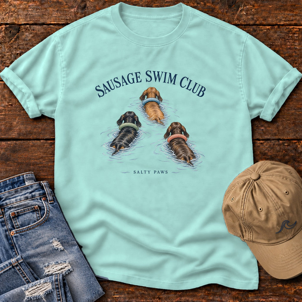 Sausage Swim Club Dachshund Trio T-Shirt in Chalky Mint, Salty Paws Comfort Colors T-Shirt, front design flat lay