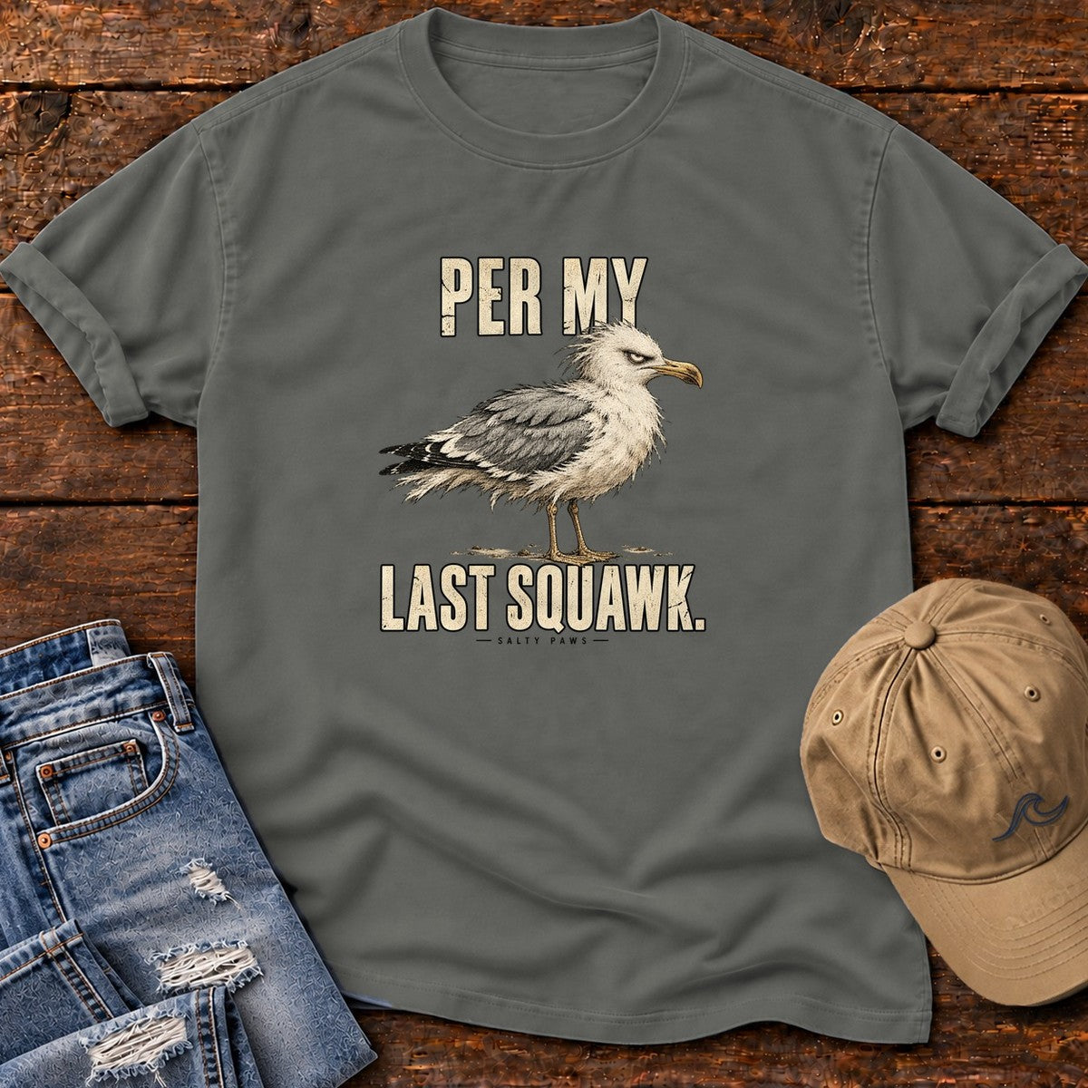 Per My Last Squawk Seagull T-Shirt in Pepper, Salty Paws Comfort Colors T-Shirt, front design flat lay