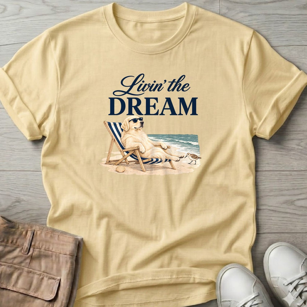 Livin' the Dream Cream Retriever T-Shirt in Cornsilk, Salty Paws coastal t-shirt