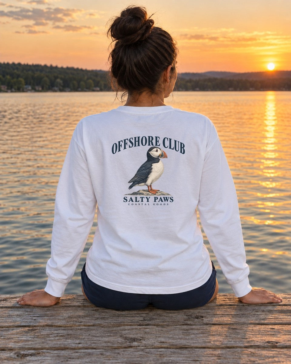 Offshore Club Puffin Salty Paws Coastal Goods Back Design Long Sleeve Tee in White worn by a model, Salty Paws Comfort Colors Long Sleeve Tee