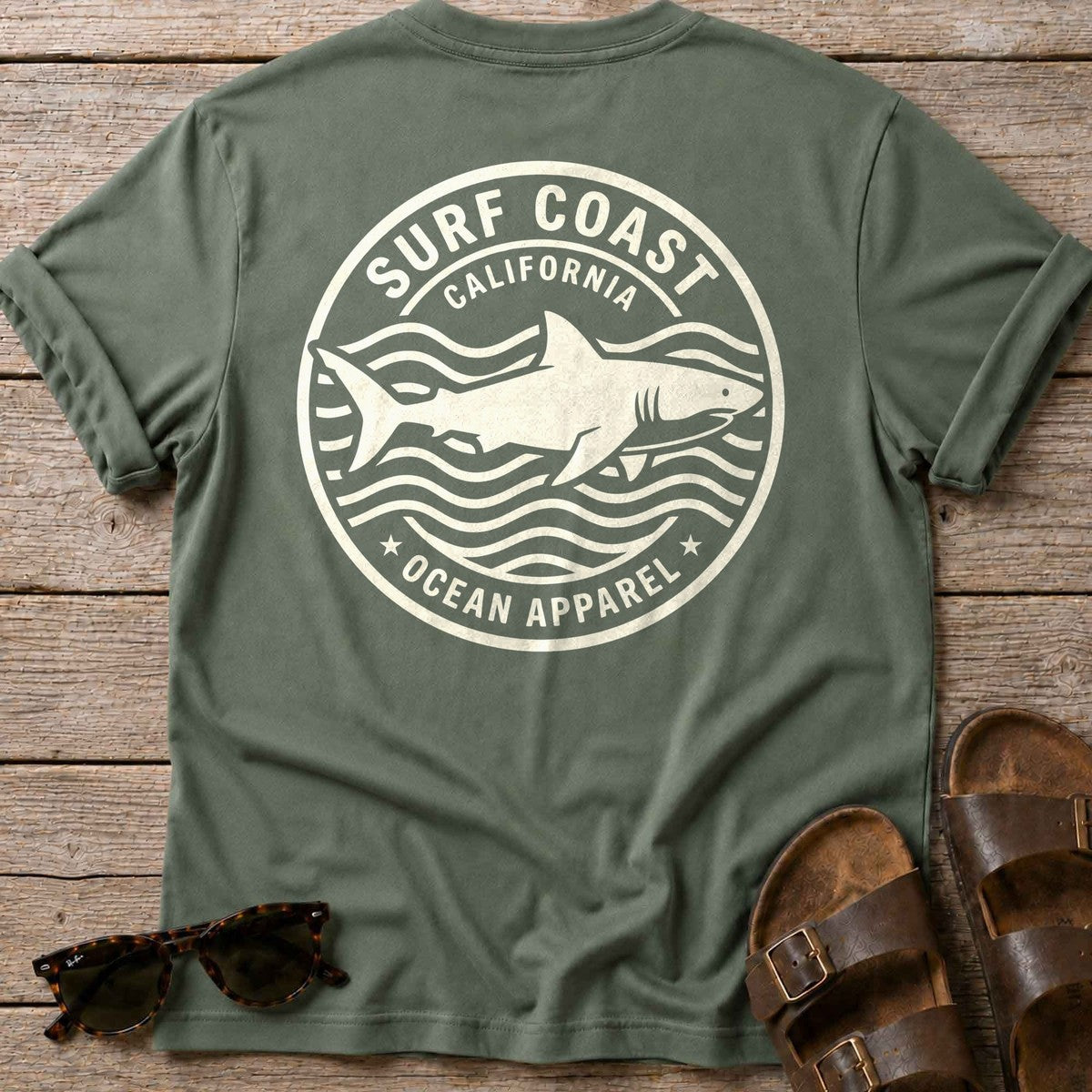 Surf Coast Shark Back Design T-Shirt in Military Green, Salty Paws coastal t-shirt