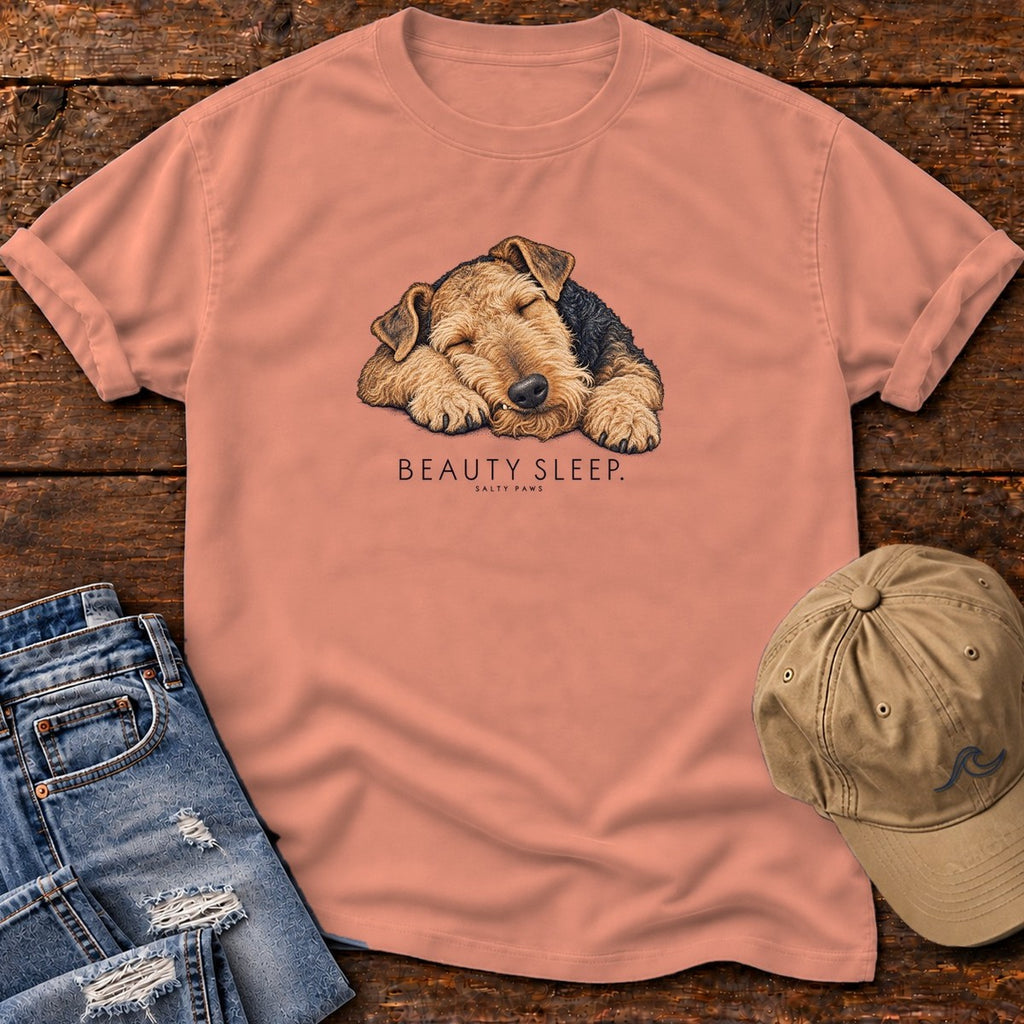 Beauty Sleep Airedale Terrier T-Shirt in Terracotta, Salty Paws Comfort Colors T-Shirt, front design flat lay