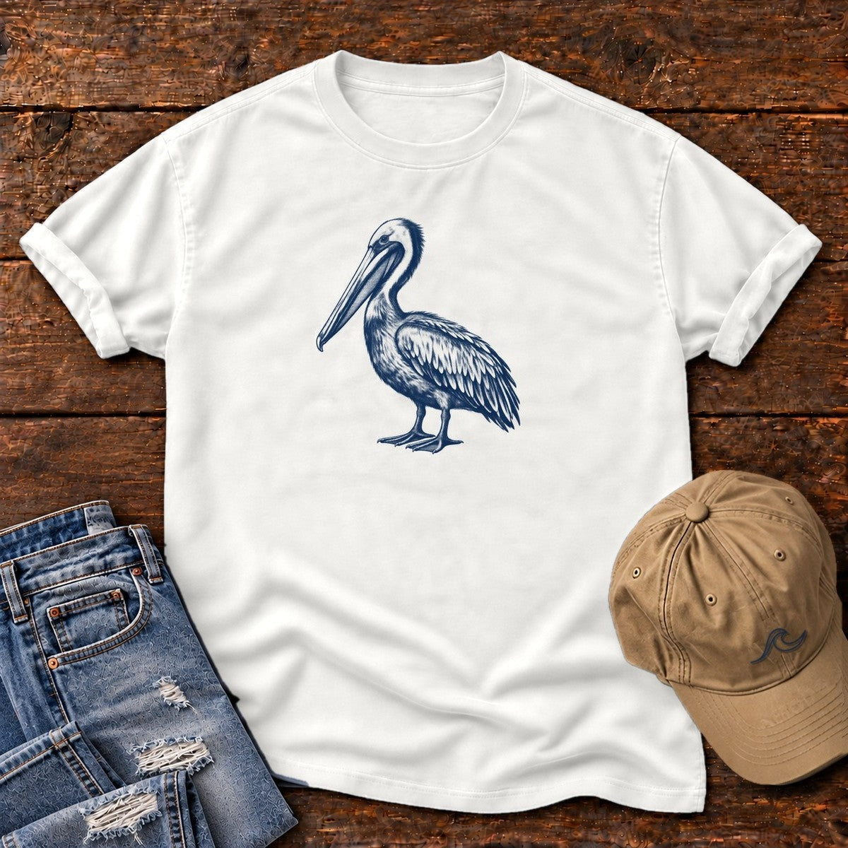 Navy Pelican Portrait T-Shirt in White, Salty Paws Comfort Colors T-Shirt, front design flat lay