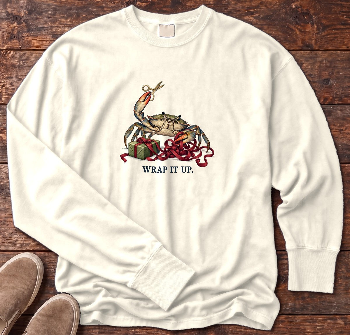 Wrap It Up Crab Long Sleeve Tee in Ivory, Salty Paws Comfort Colors Long Sleeve Tee, front design flat lay