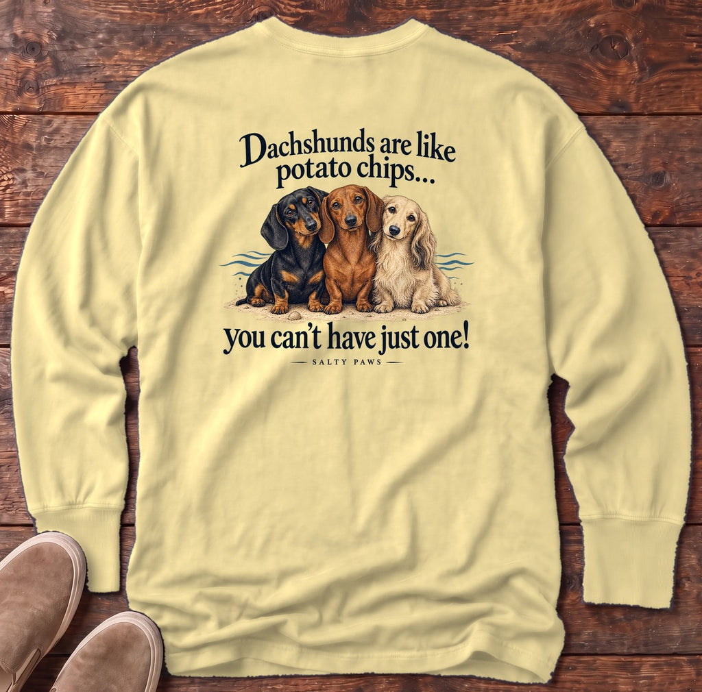 Dachshunds Are Like Potato Chips Back Design Long Sleeve Tee in Butter, Salty Paws Comfort Colors Long Sleeve Tee, back design flat lay