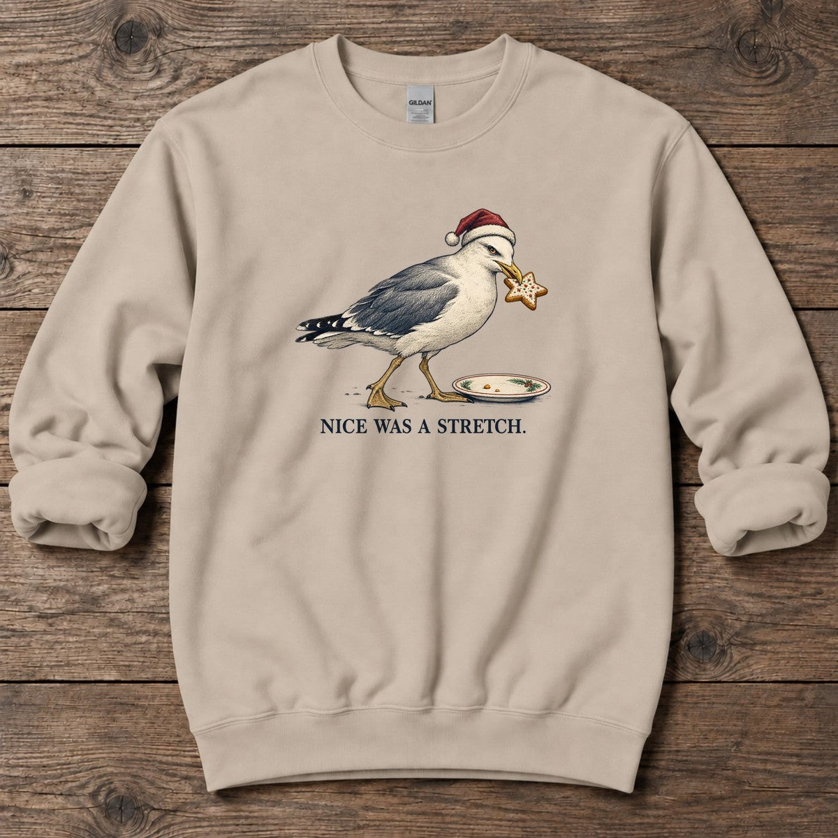 Nice Was a Stretch Seagull Midweight Sweatshirt in Sand, Salty Paws Midweight Sweatshirt, front design flat lay