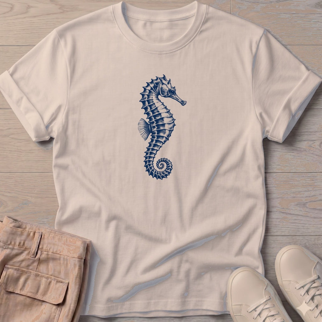 Navy Seahorse T-Shirt in Sand, Salty Paws T-Shirt, front design flat lay