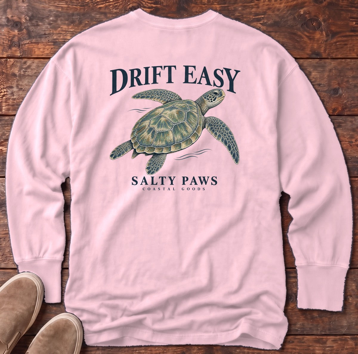 Drift Easy Sea Turtle Salty Paws Coastal Goods Back Design Long Sleeve Tee in Blossom, Salty Paws Comfort Colors Long Sleeve Tee, back design flat lay