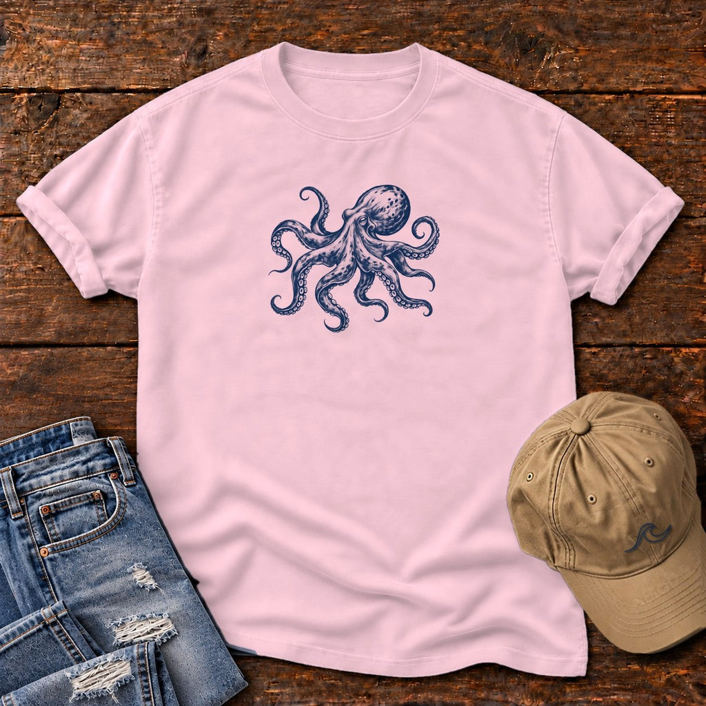 Octopus T-Shirt in Blossom, Salty Paws Comfort Colors T-Shirt, front design flat lay