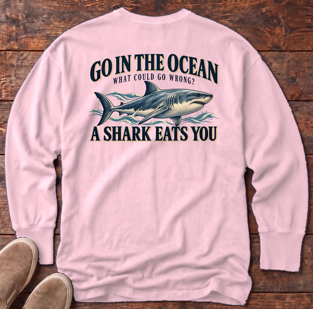 Go in the Ocean Shark Back Design Long Sleeve Tee in Blossom, Salty Paws Comfort Colors long sleeve tee