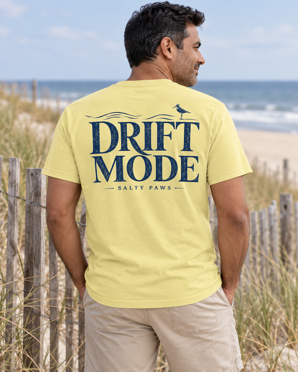 Drift Mode back design tee in Daisy, worn