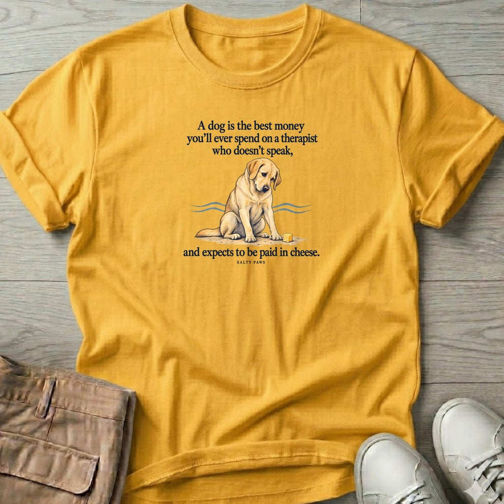 Paid in Cheese Yellow Lab T-Shirt in Daisy, Salty Paws T-Shirt, front design flat lay