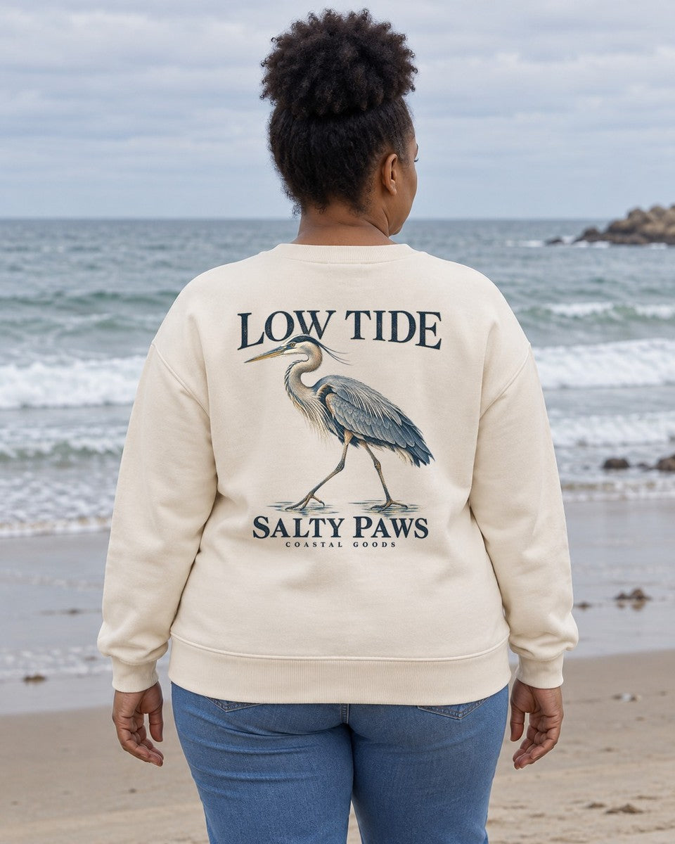 Low Tide Heron Salty Paws Coastal Goods Back Design Midweight Sweatshirt in White, worn by a model, Salty Paws back design