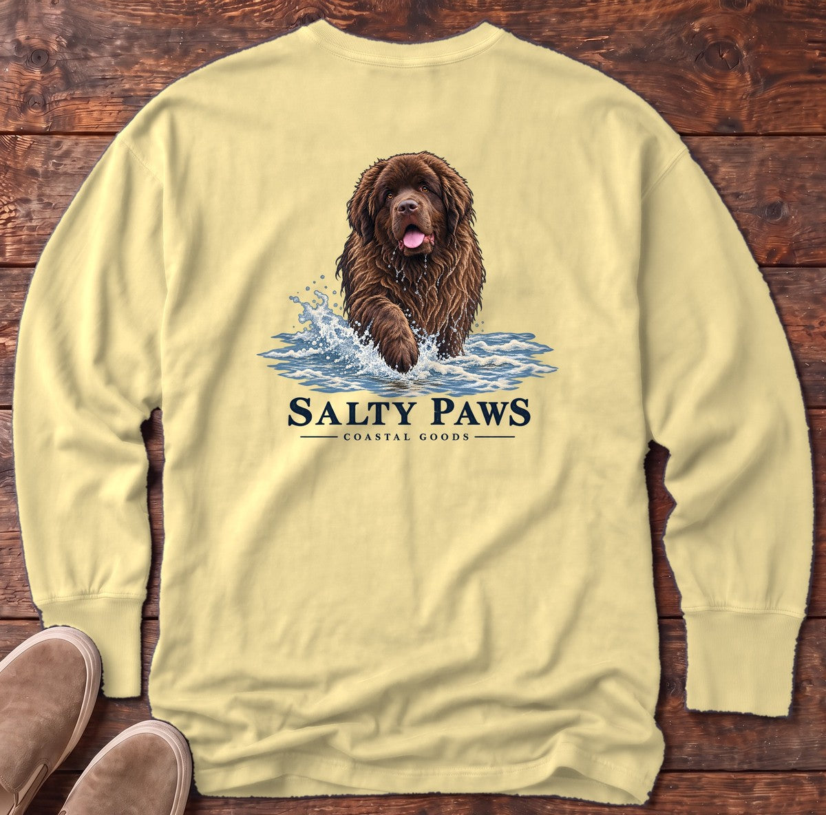 Brown Newfoundland Surf Back Design Long Sleeve Tee in Butter, Salty Paws Comfort Colors Long Sleeve Tee, back design flat lay