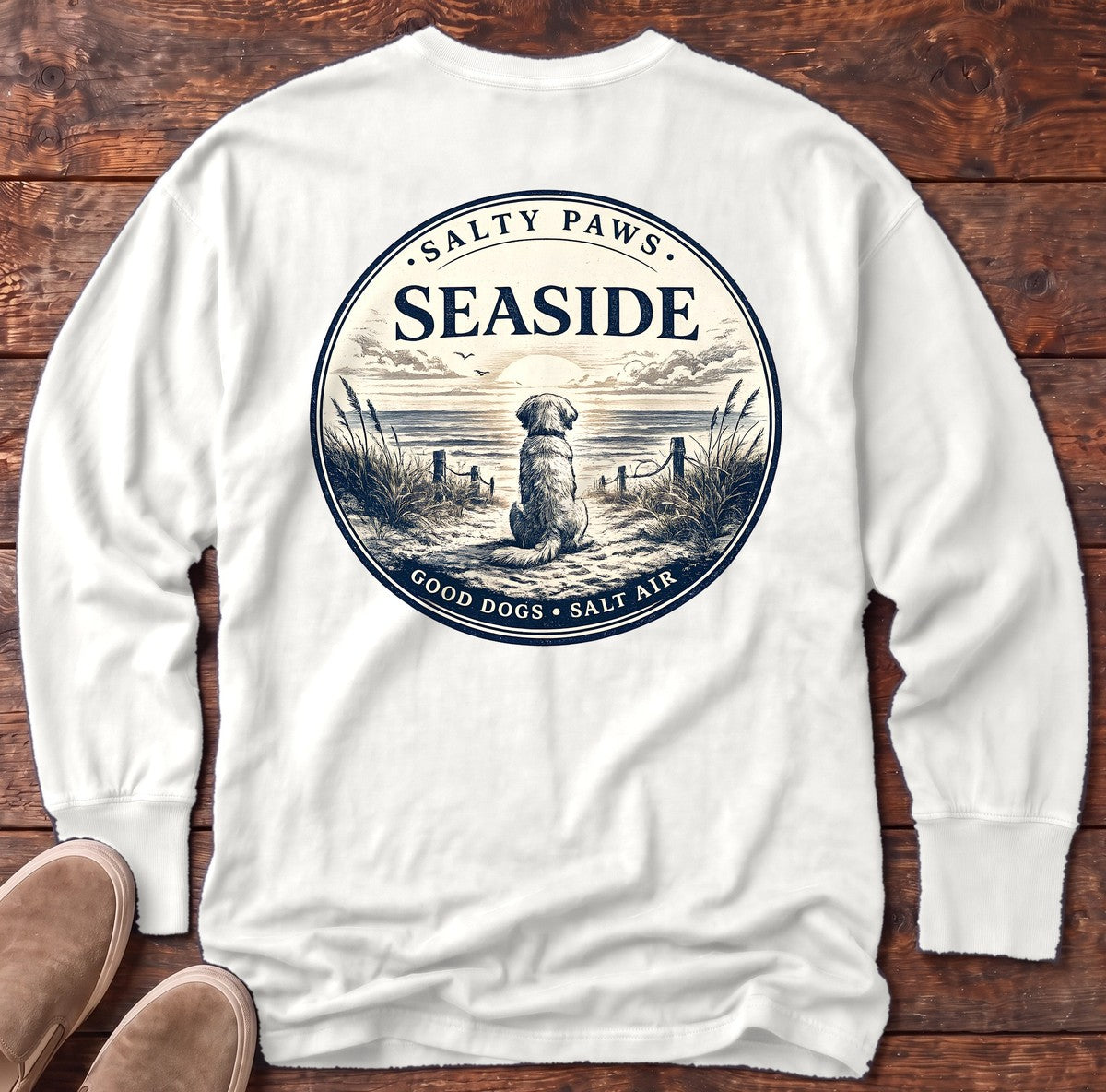 Seaside Good Dogs Back Design Long Sleeve Tee in White, Salty Paws Comfort Colors long sleeve tee