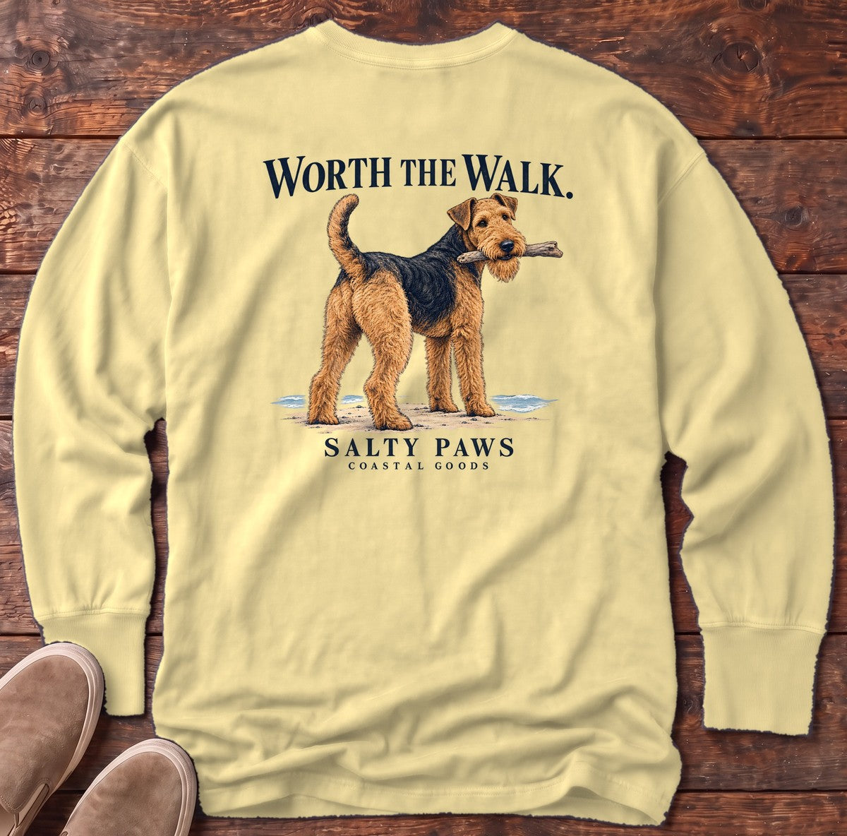 Worth the Walk Airedale Back Design Long Sleeve Tee in Butter, Salty Paws Comfort Colors Long Sleeve Tee, back design flat lay