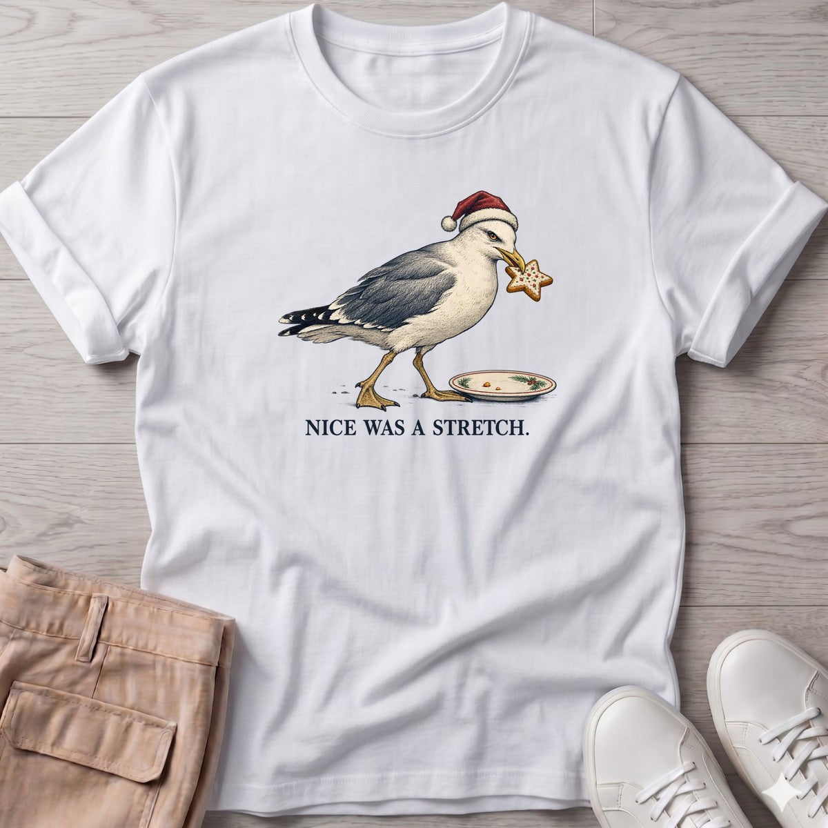 Nice Was a Stretch Seagull T-Shirt in White, Salty Paws T-Shirt, front design flat lay