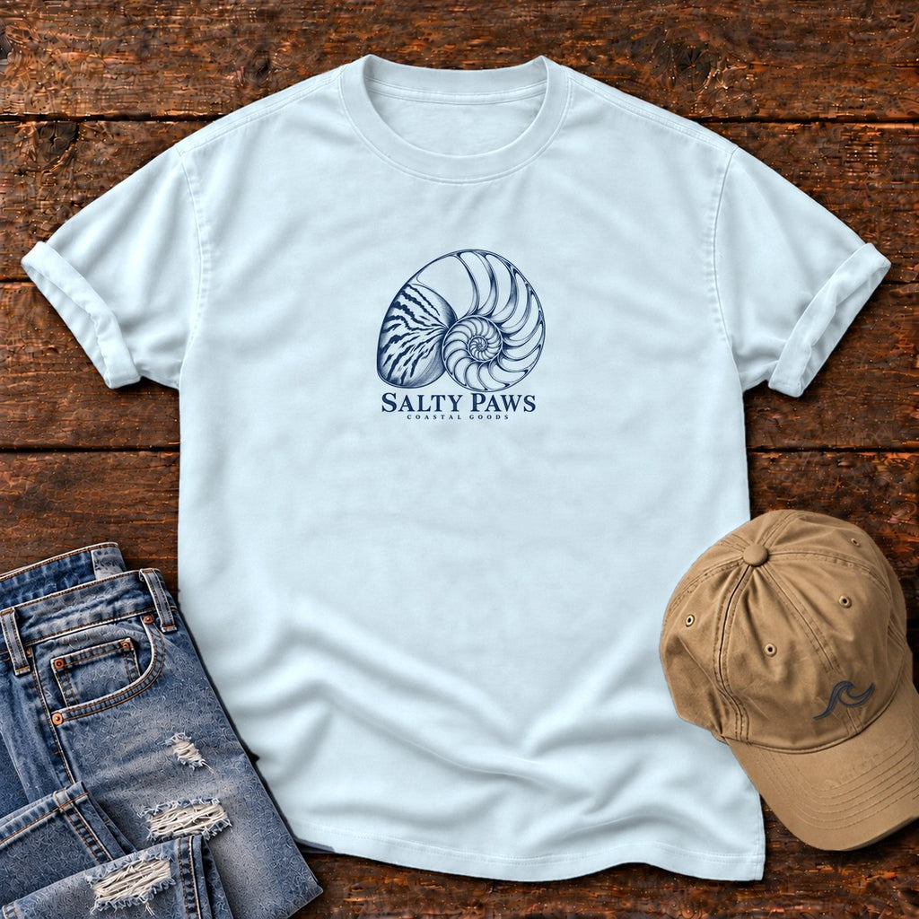 Nautilus Shell T-Shirt in Chambray, Salty Paws Comfort Colors T-Shirt, front design flat lay