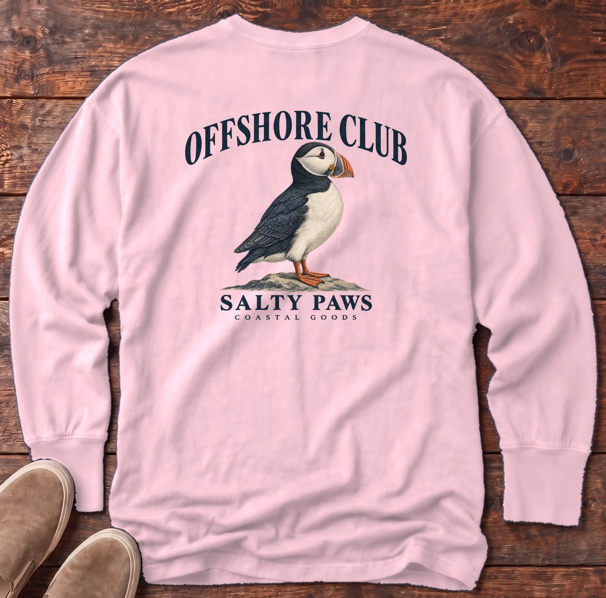Offshore Club Puffin Salty Paws Coastal Goods Back Design Long Sleeve Tee in Blossom, Salty Paws Comfort Colors Long Sleeve Tee, back design flat lay