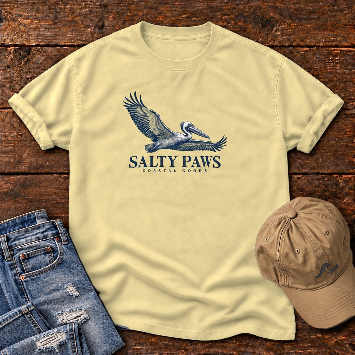 Gliding Pelican Coastal Goods T-Shirt in Butter, Salty Paws Comfort Colors T-Shirt, front design flat lay