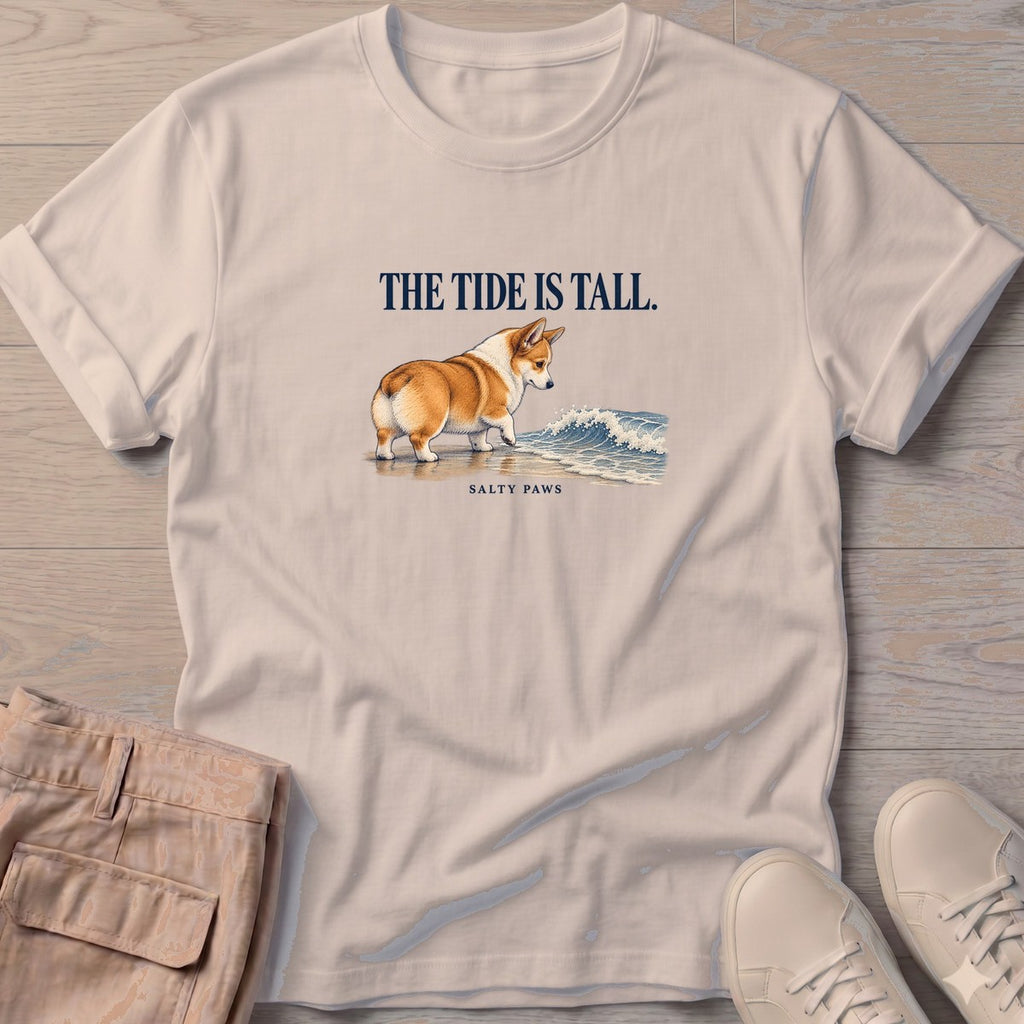 The Tide Is Tall Corgi T-Shirt in Sand, Salty Paws T-Shirt, front design flat lay