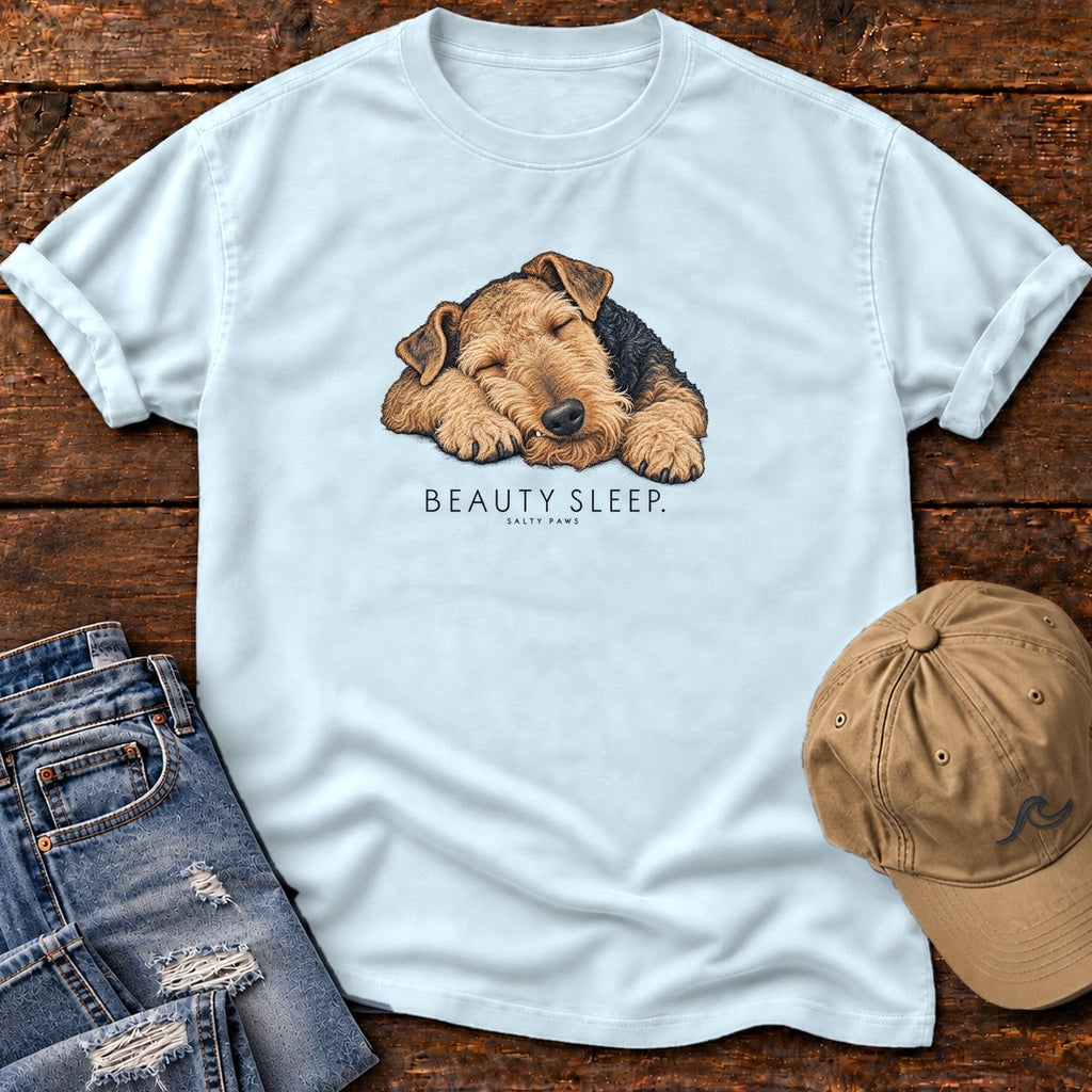 Beauty Sleep Airedale Terrier T-Shirt in Chambray, Salty Paws Comfort Colors T-Shirt, front design flat lay
