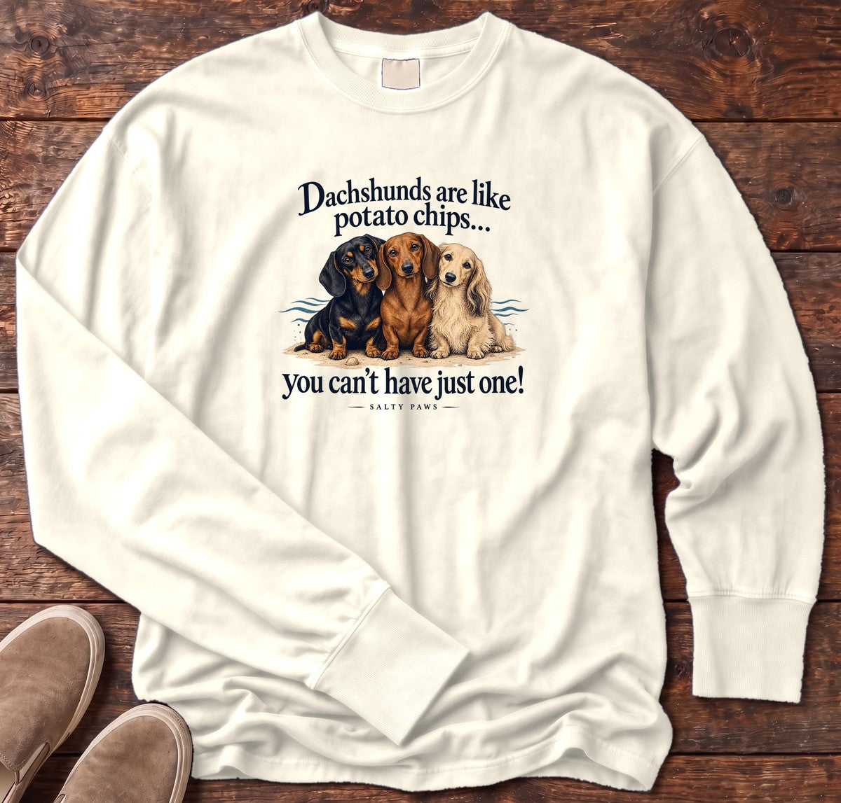 Three Dachshunds Potato Chips Long Sleeve Tee in Ivory, Salty Paws Comfort Colors Long Sleeve Tee, front design flat lay