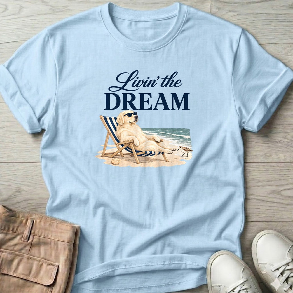 Livin' the Dream Cream Retriever T-Shirt in Light Blue, Salty Paws coastal t-shirt