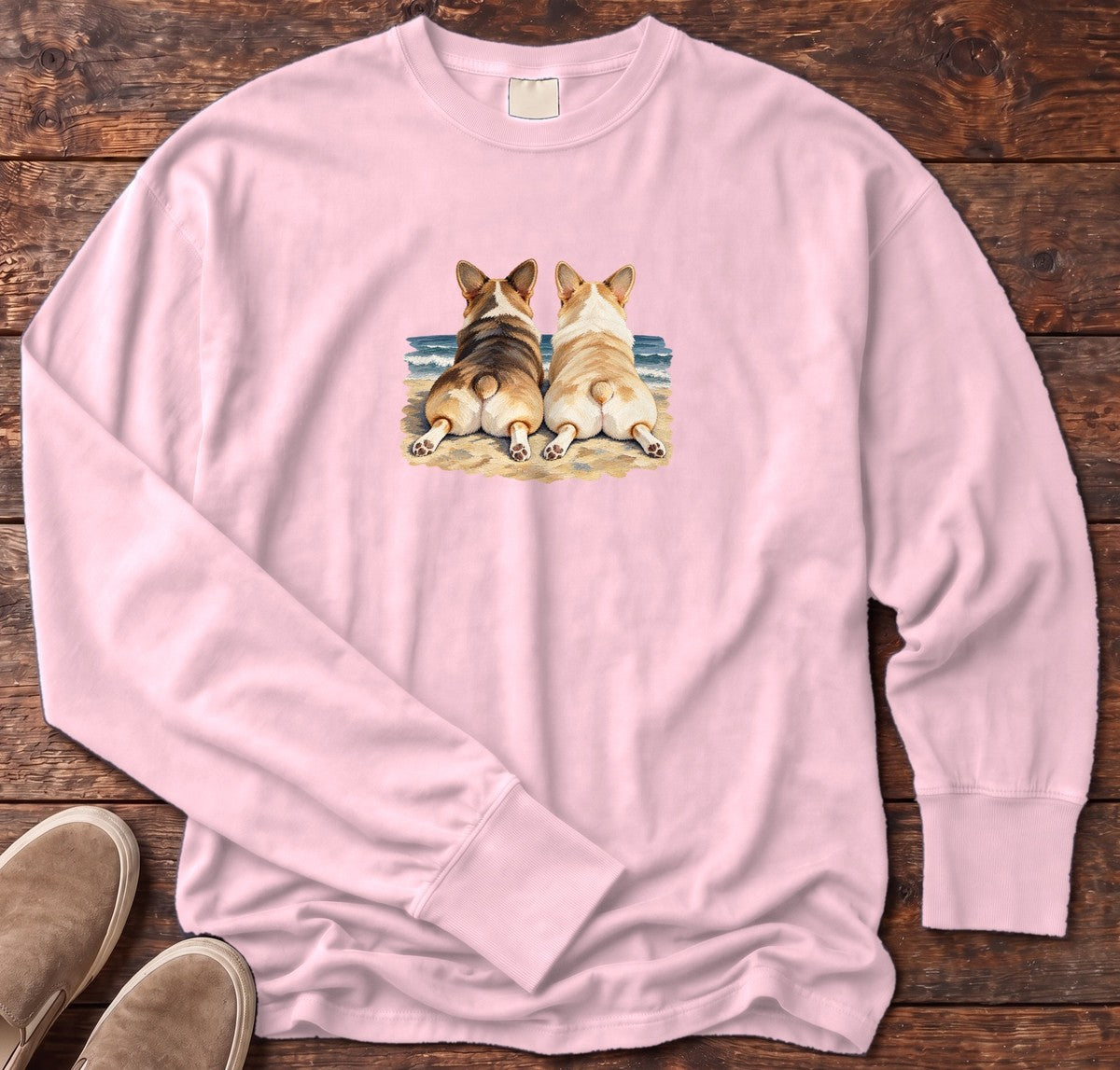 Two Corgis at the Ocean Long Sleeve Tee in Blossom, Salty Paws Comfort Colors Long Sleeve Tee, front design flat lay