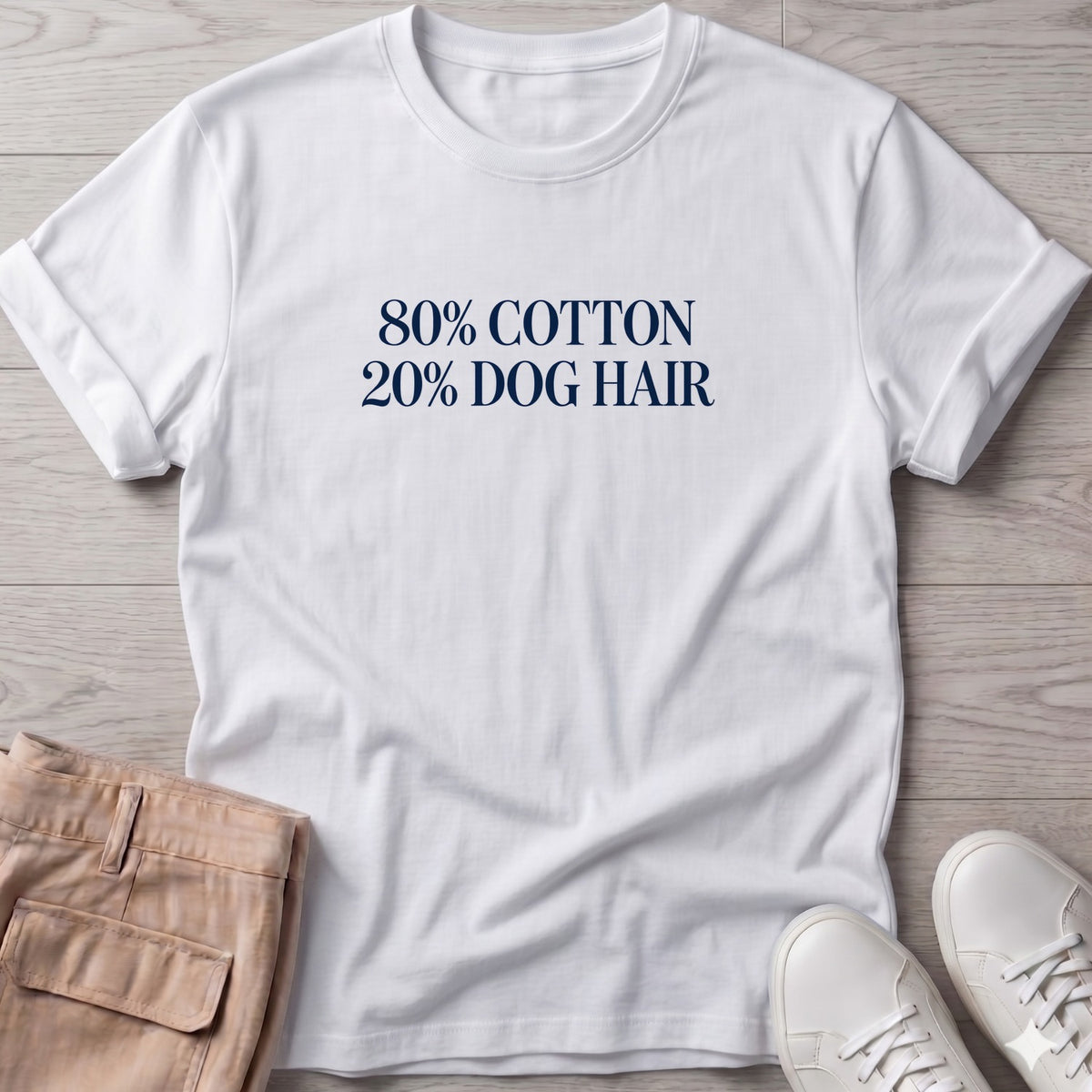 80% Cotton 20% Dog Hair T-Shirt in White, Salty Paws T-Shirt, front design flat lay