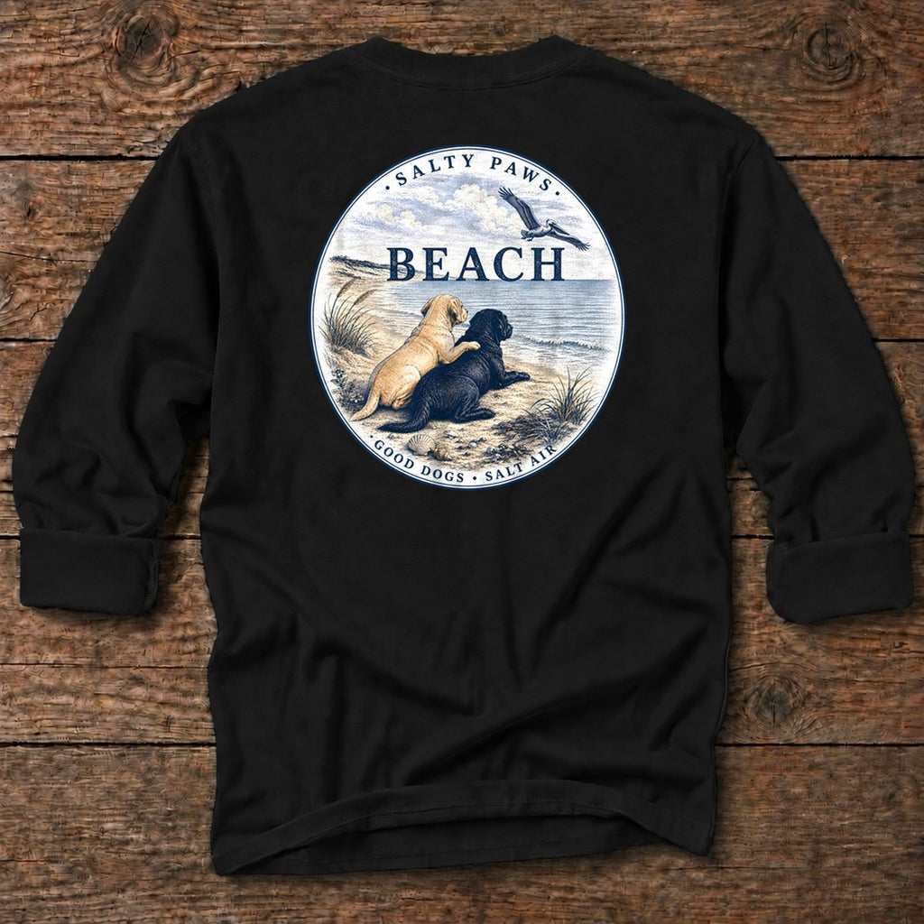 BEACH Pelican Labradors Back Design T-Shirt in Black, Salty Paws coastal long sleeve tee