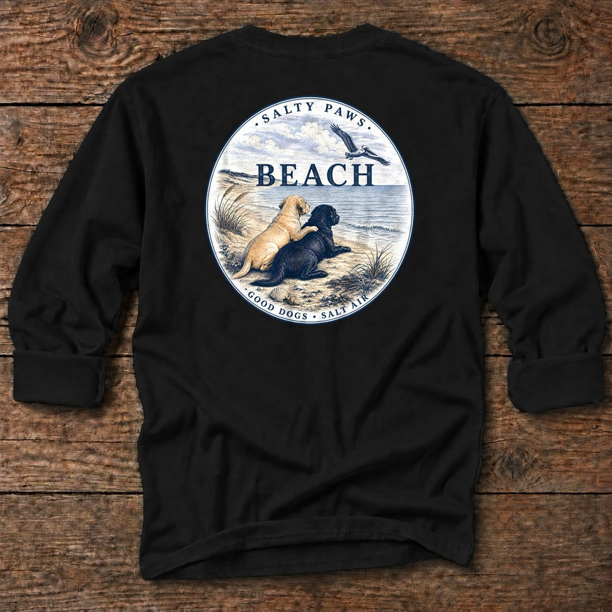 BEACH Pelican Labradors Back Design T-Shirt in Black, Salty Paws coastal long sleeve tee