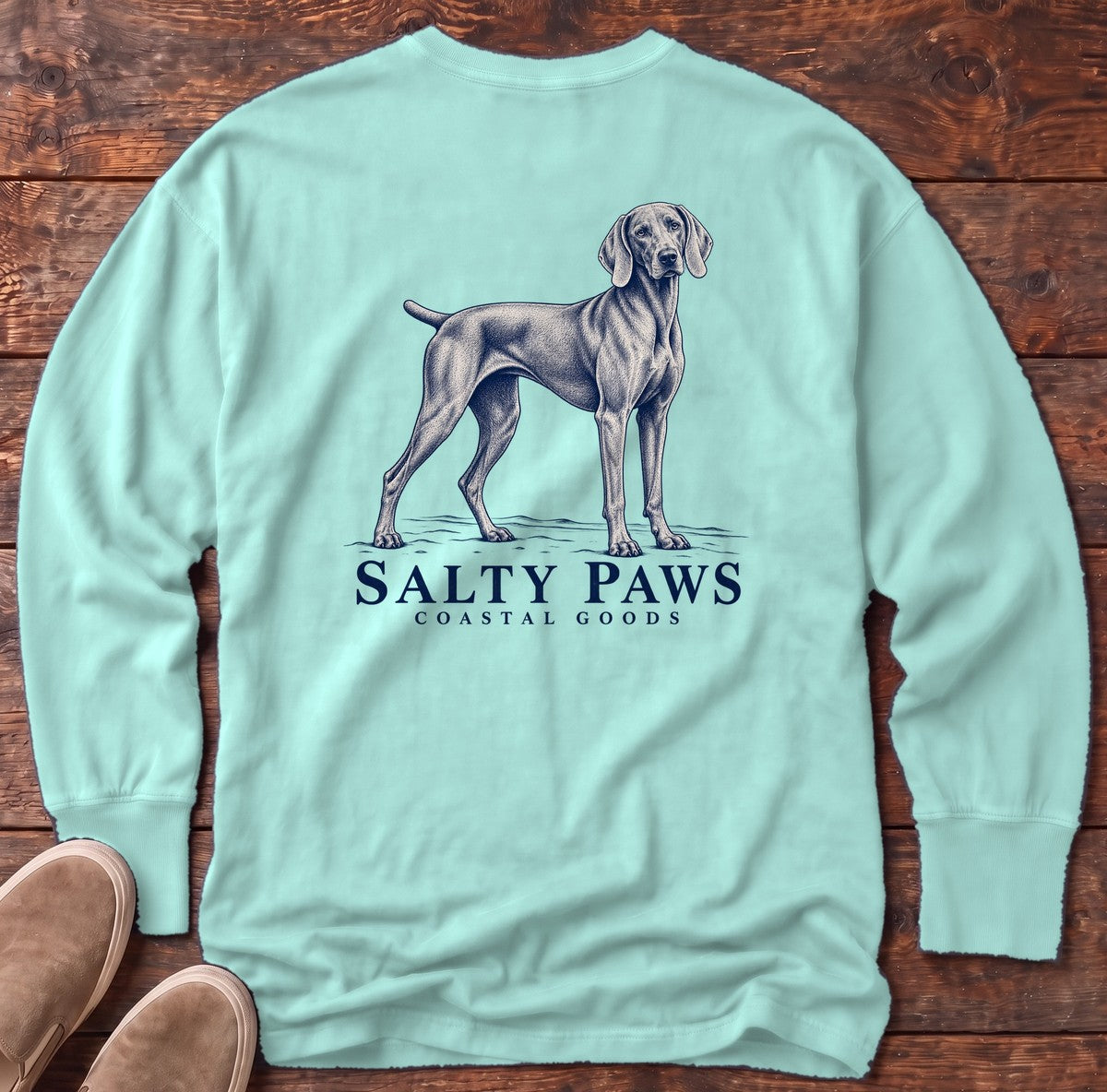 Weimaraner Coastal Goods Back Design Long Sleeve Tee in Chalky Mint, Salty Paws Comfort Colors Long Sleeve Tee, back design flat lay